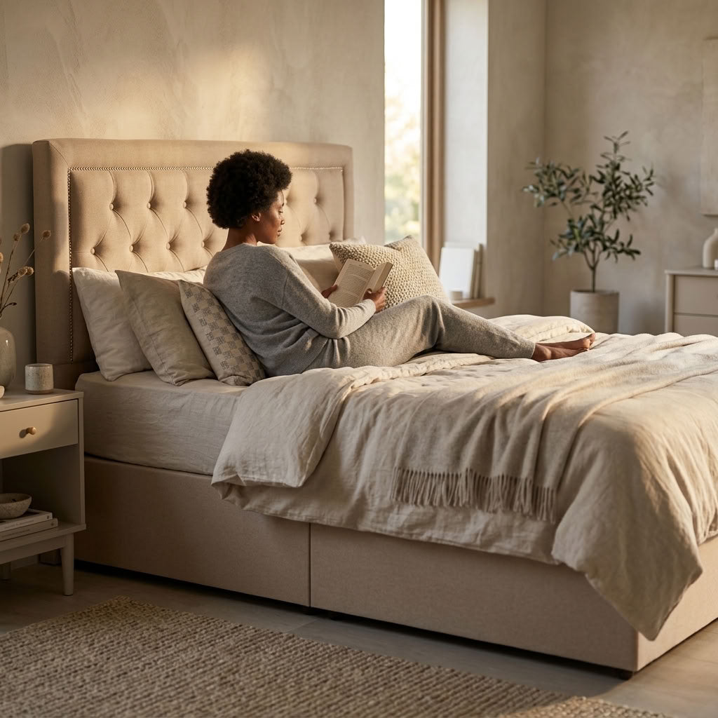 Hannah Ottoman Storage Bed in Beige Linen — Double