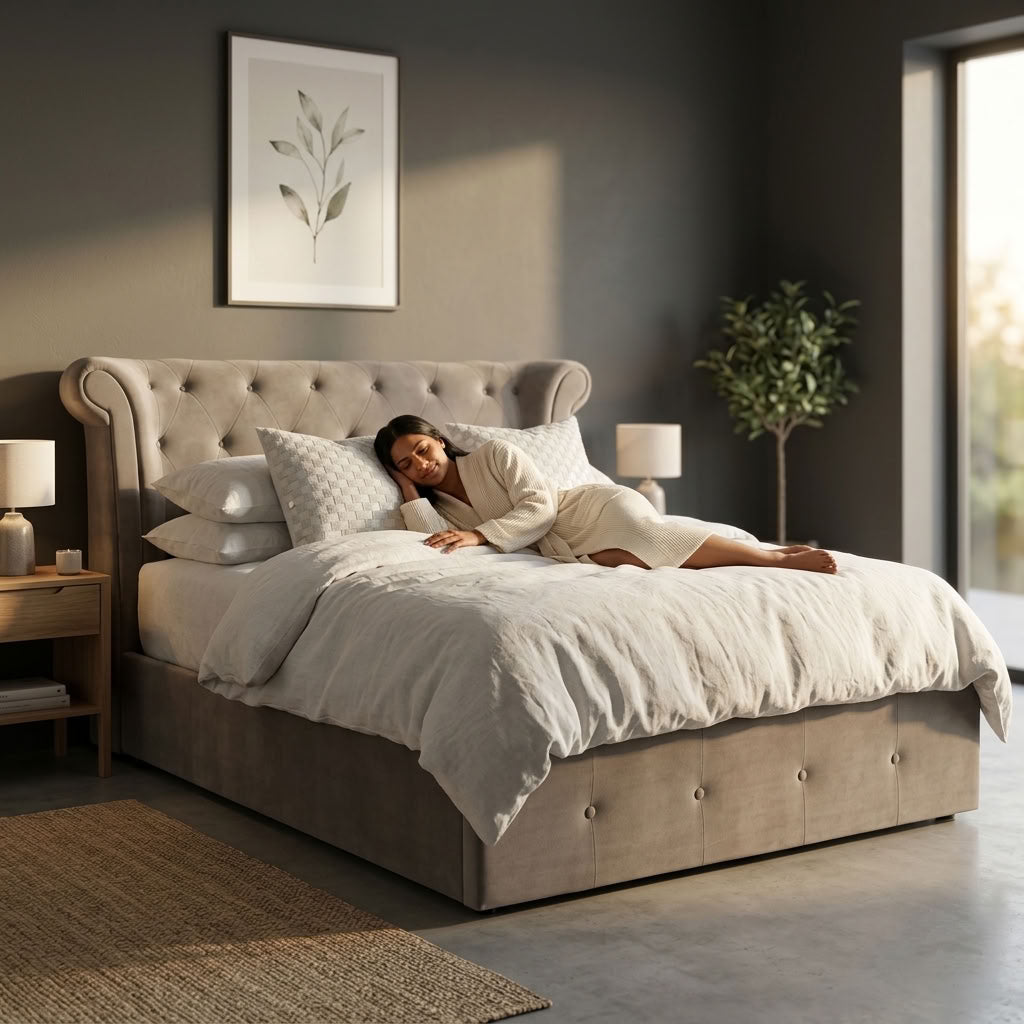 Edison Ottoman Storage Bed in Mink Velvet — Double