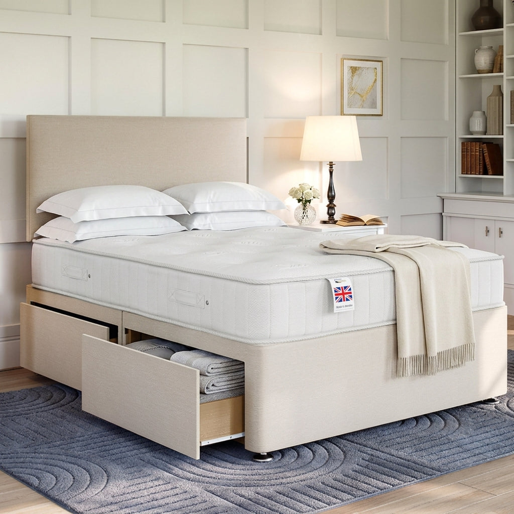 The Pimlico cream platform top divan bed base with two storage drawers, king size - Comfort Crest