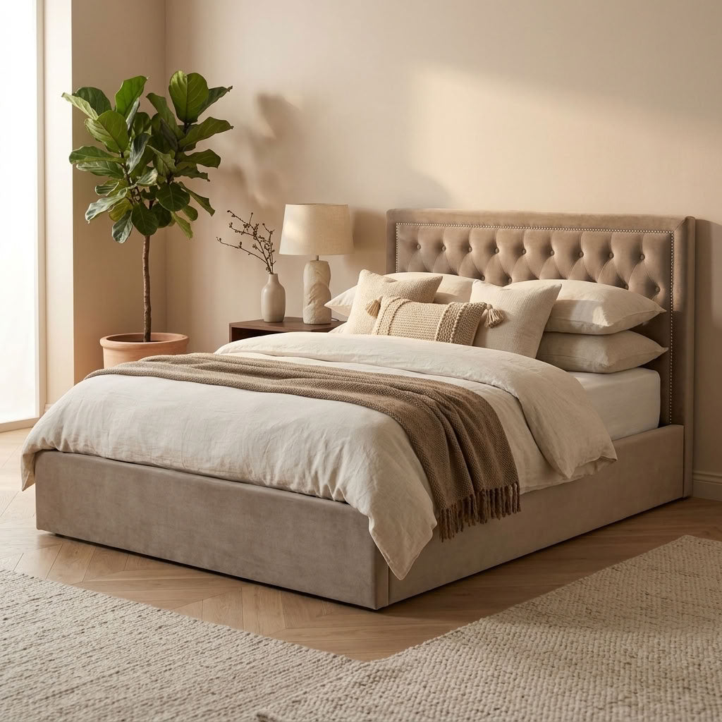Hannah Ottoman Storage Bed in Mink Velvet — King