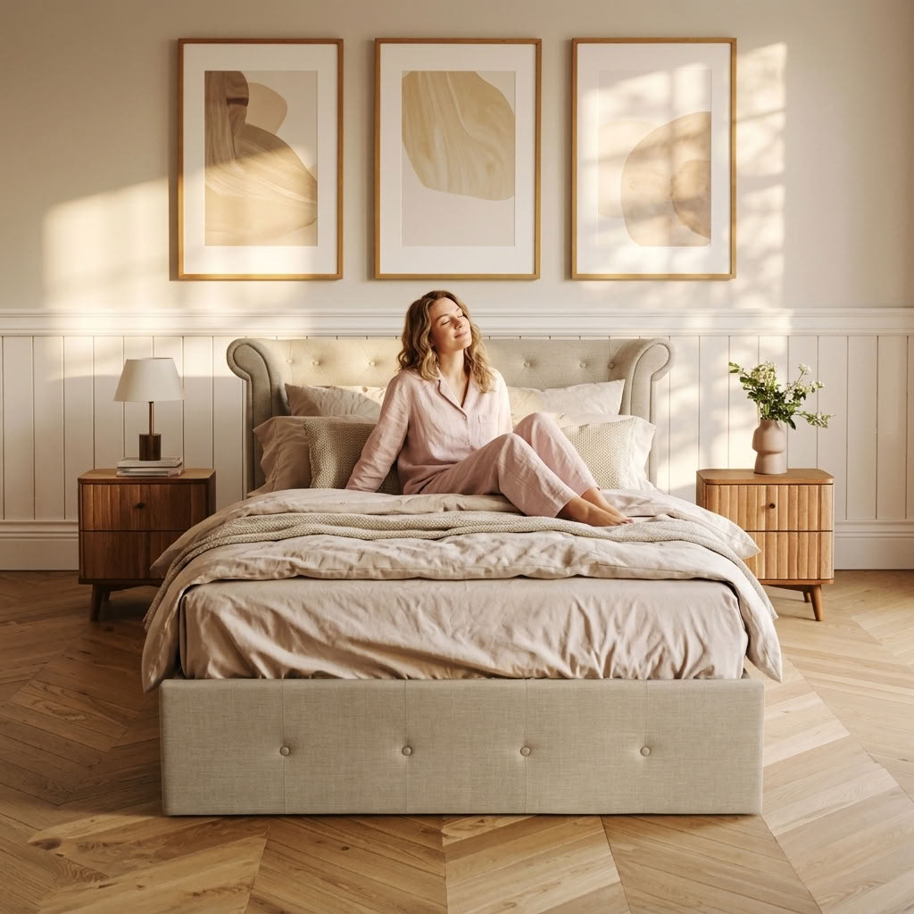 Edison Ottoman Storage Bed in Light Grey Linen — Double