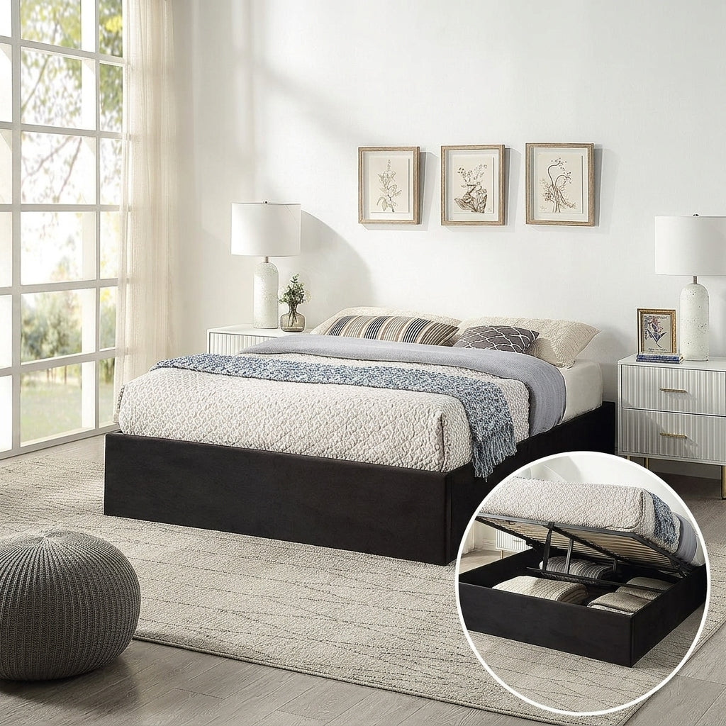 The Nightingale — Black Velvet Ottoman Storage Bed & Pocket Sprung Mattress