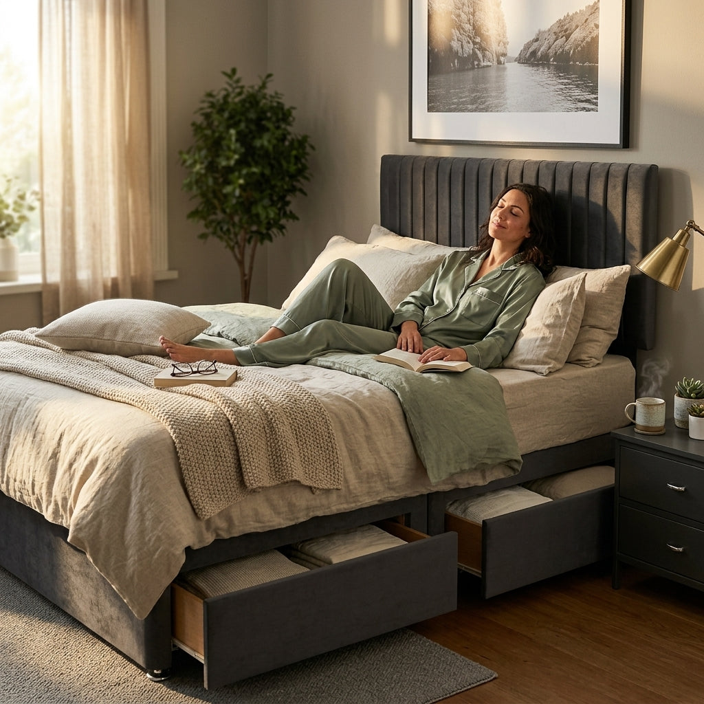 Knight Sleep Emily Charcoal Plush 4FT6 Bed Set With Mattress, 2 Drawers Same Side & 24"Headboard - Double