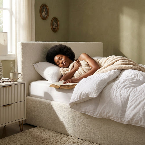 TEDDY BOUCLE 4FT6 Double Gas Lift Up Ottoman Storage Bedframe (H: 88.5cm x W: 153cm x L: 203cm) (White)