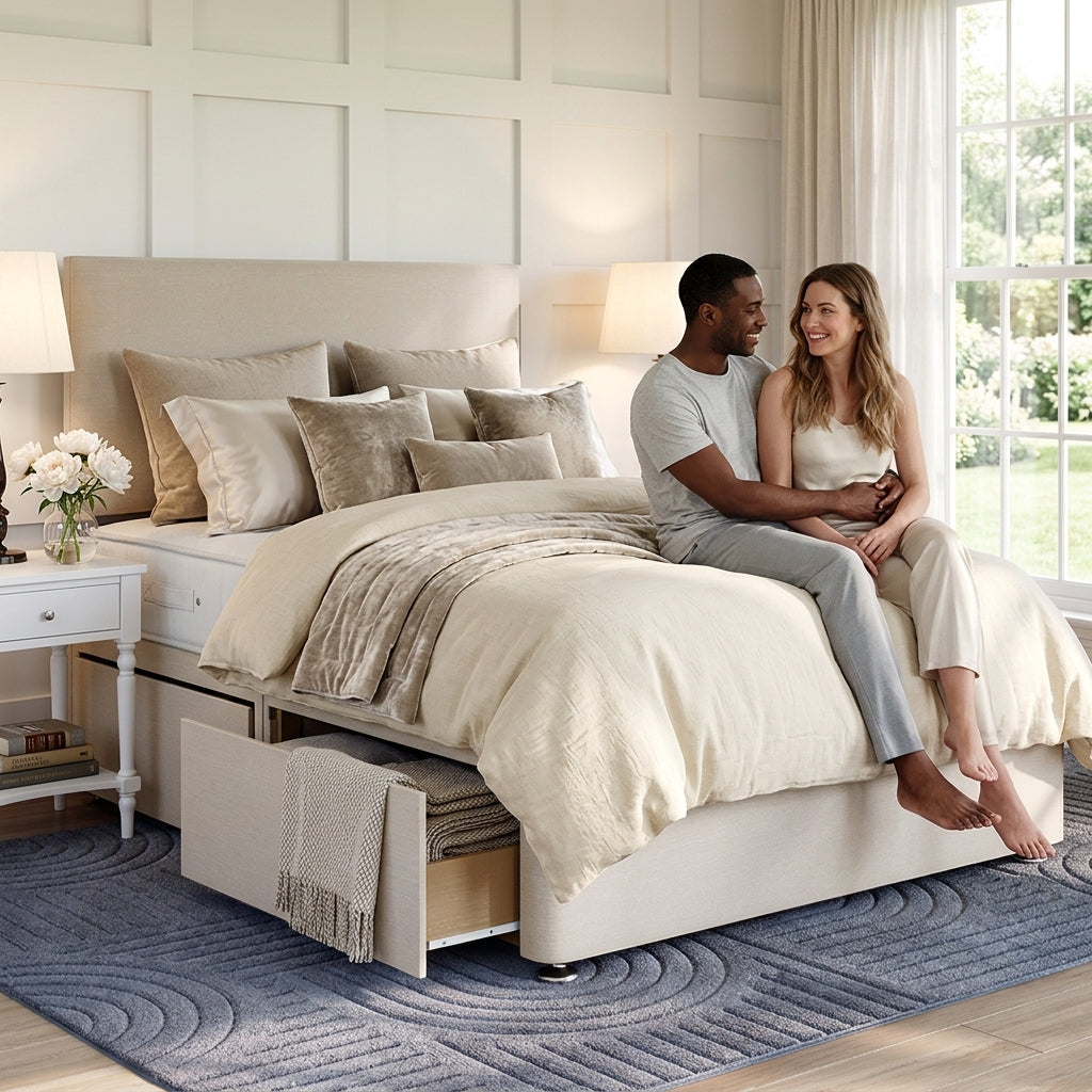 The Pimlico cream platform top divan bed base with two storage drawers, king size - Comfort Crest