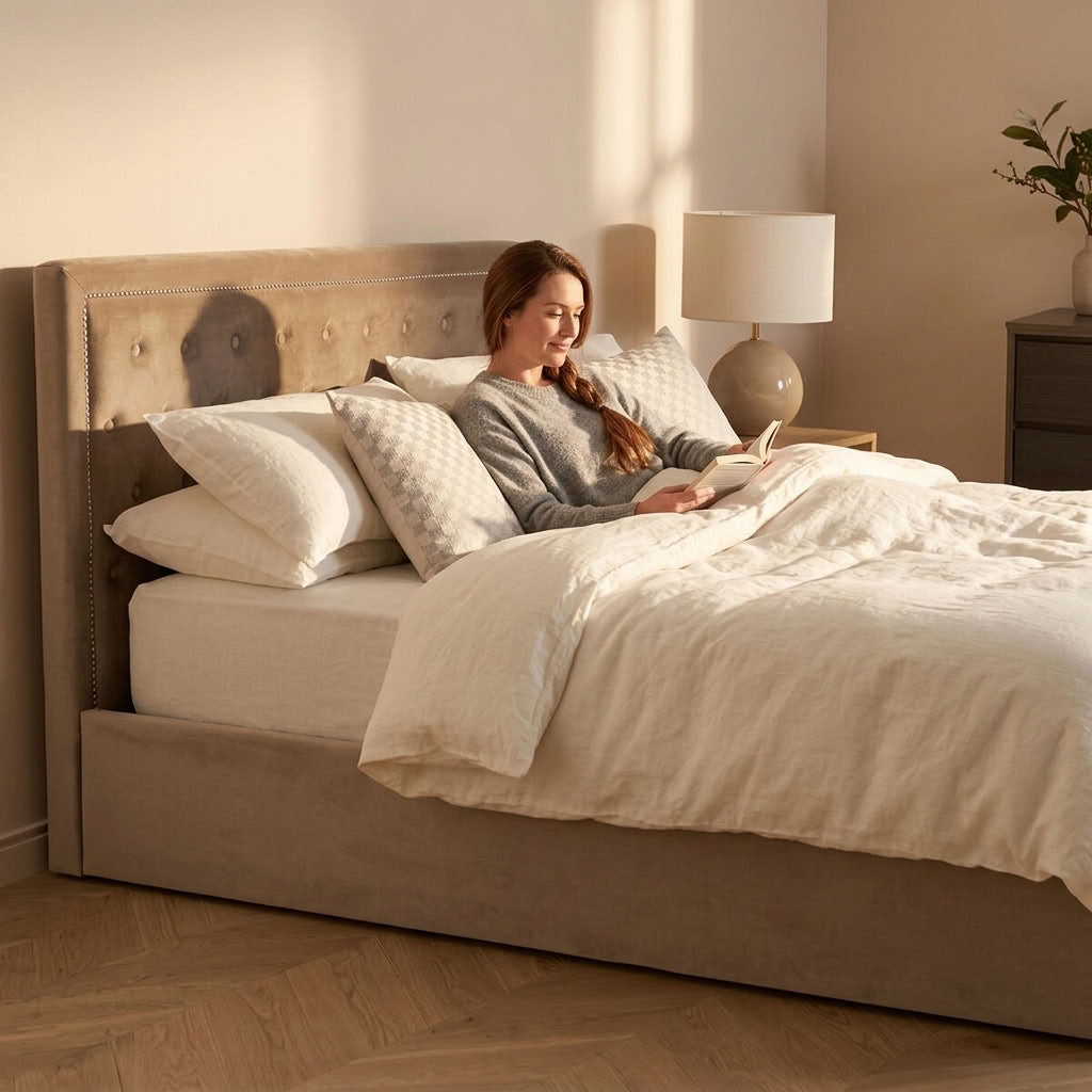 Hannah Ottoman Storage Bed in Mink Velvet — King