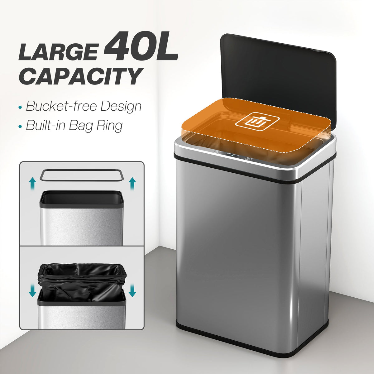 Aurora 40L Touchless Sensor Bin in Brushed Steel