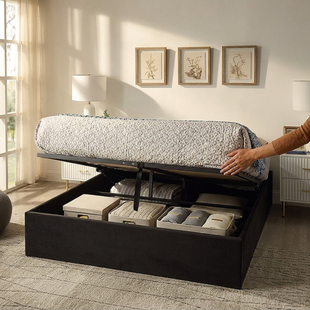 The Nightingale — Black Velvet Ottoman Storage Bed & Pocket Sprung Mattress