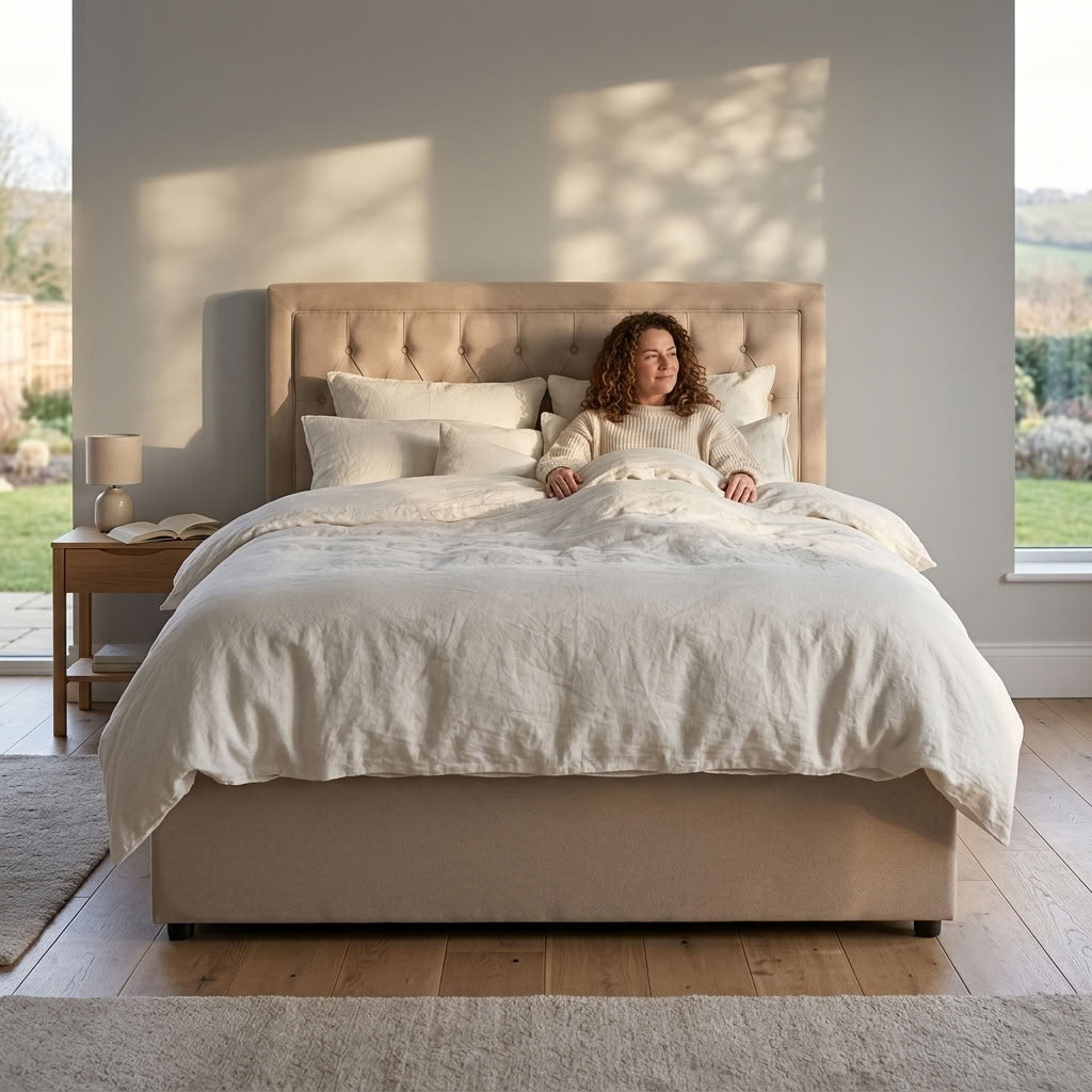 Hannah Ottoman Storage Bed in Beige Linen — Double