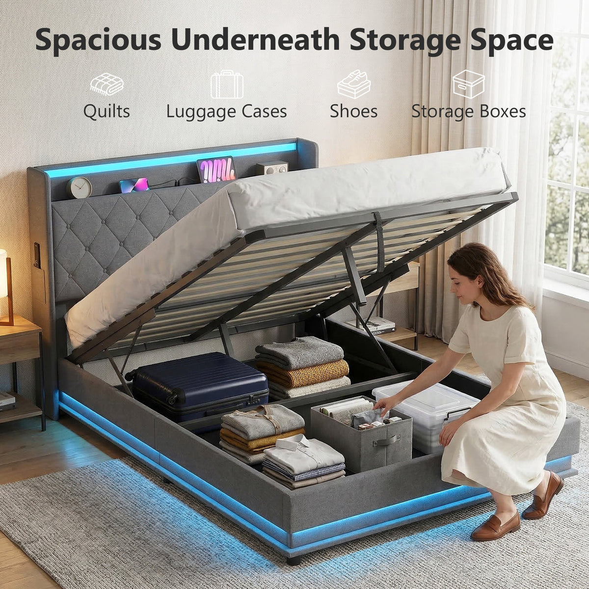 Halston LED Storage Bed Frame in Grey — Double