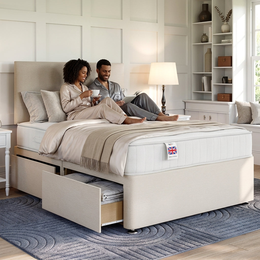 The Pimlico cream platform top divan bed base with two storage drawers, king size - Comfort Crest
