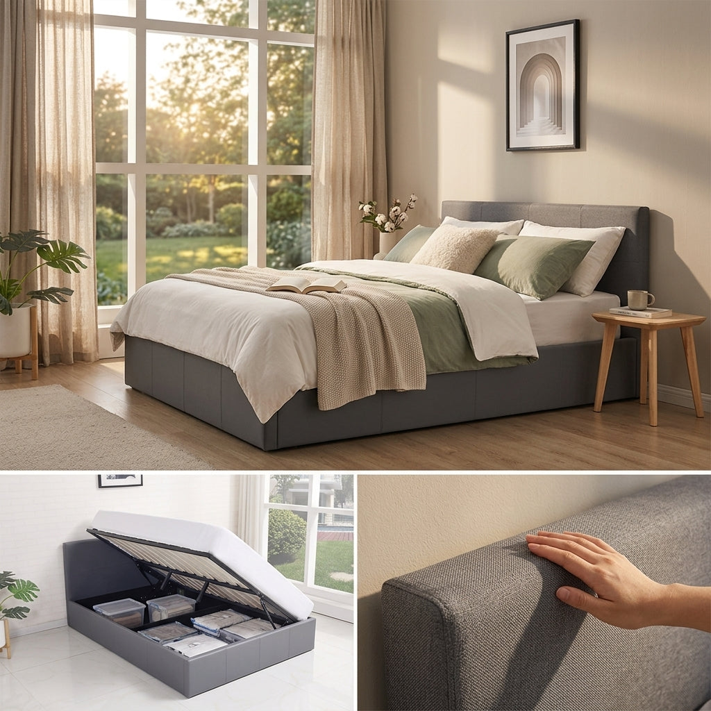 Ottoman Bed Gas Lift Storage Leather Grey 3ft Single with 1 Mattress Pine Wood Bedroom