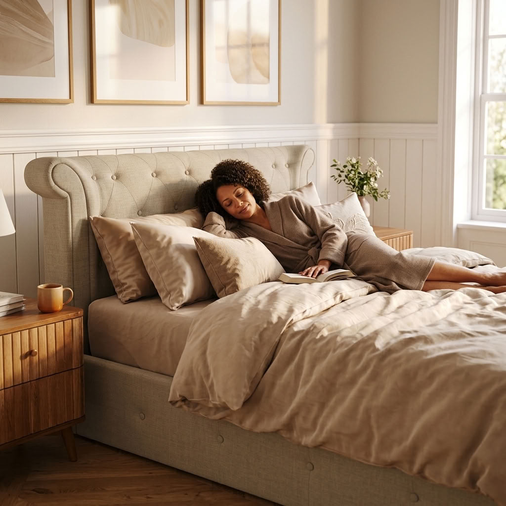 Edison Ottoman Storage Bed in Light Grey Linen — Double