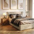 Edison Ottoman Storage Bed in Light Grey Linen — Double