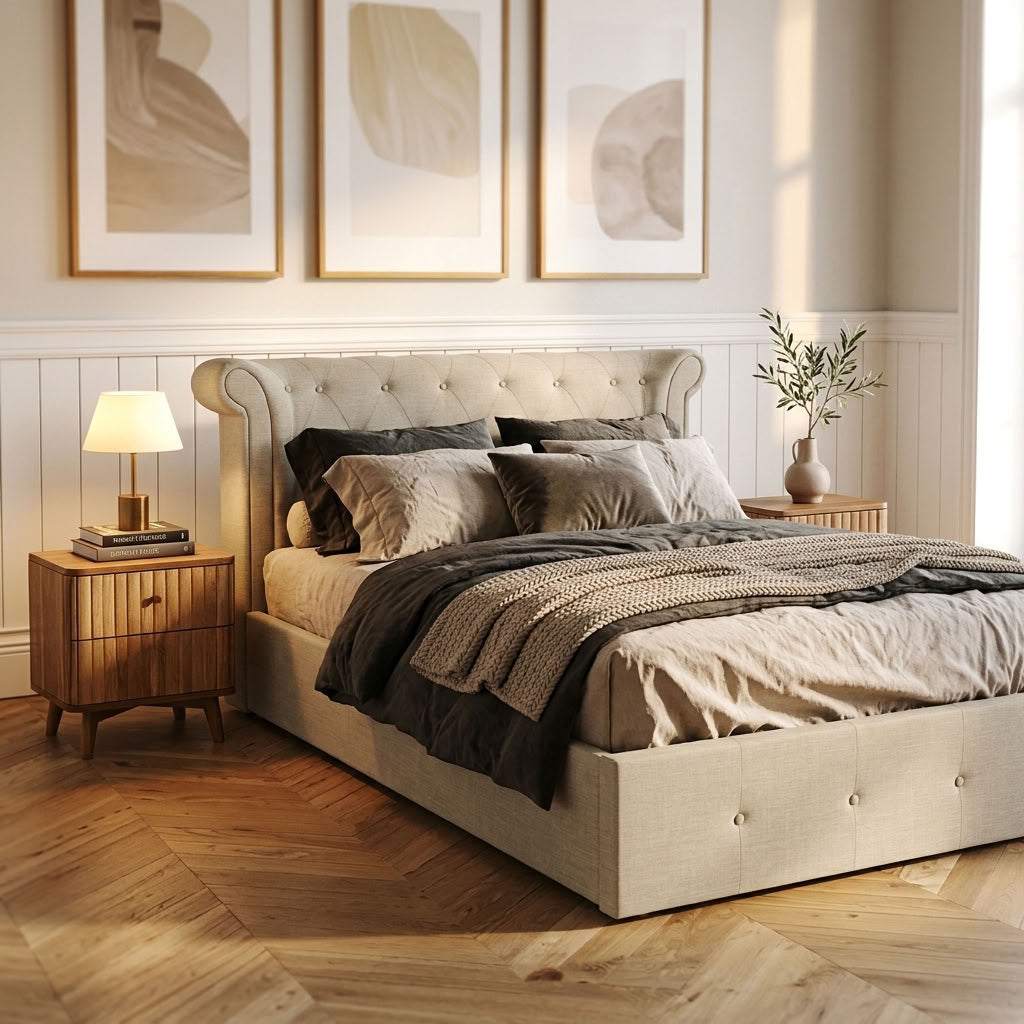 Edison Ottoman Storage Bed in Light Grey Linen — Double