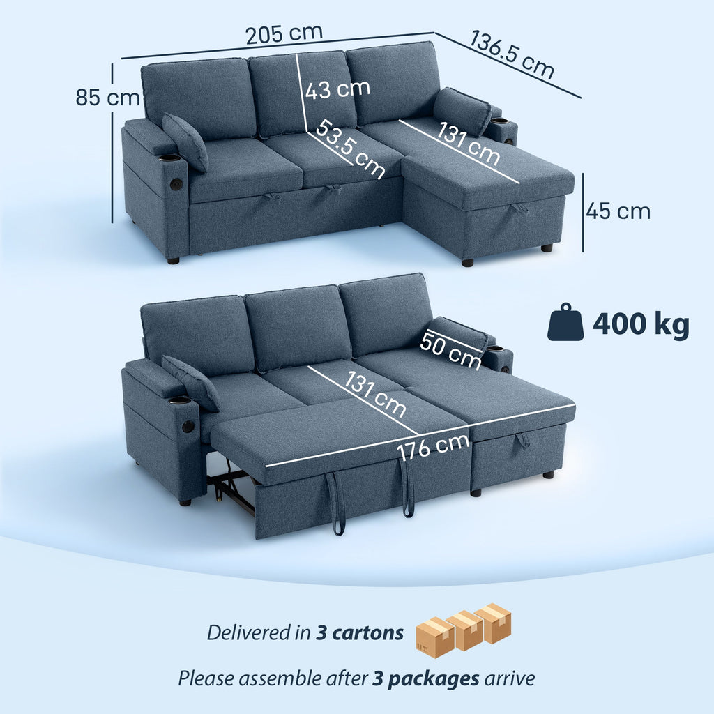Hensley L-Shaped Corner Sofa Bed in Ink Blue