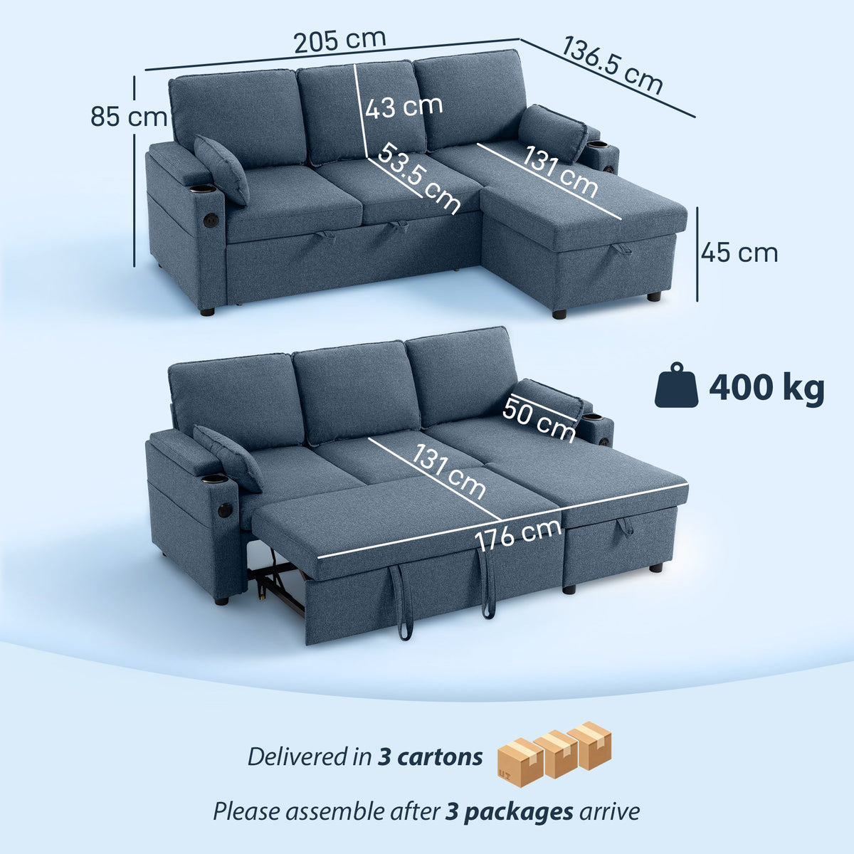 Hensley L-Shaped Corner Sofa Bed in Ink Blue