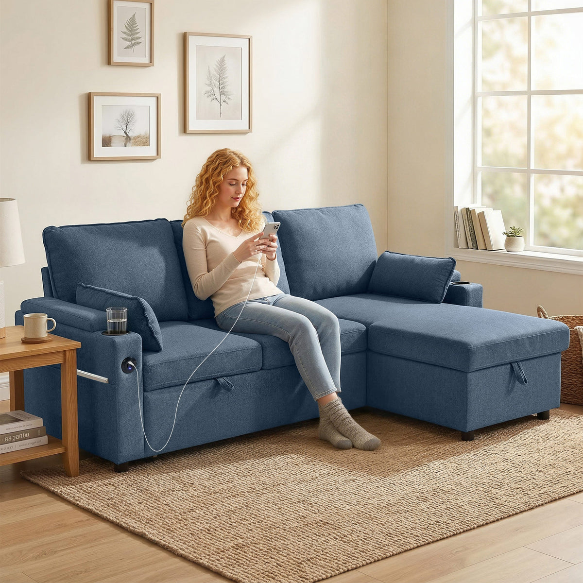 Hensley L-Shaped Corner Sofa Bed in Ink Blue