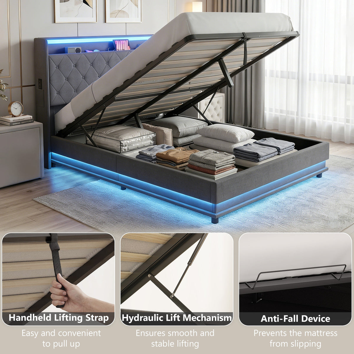 Halston LED Storage Bed Frame in Grey — Double