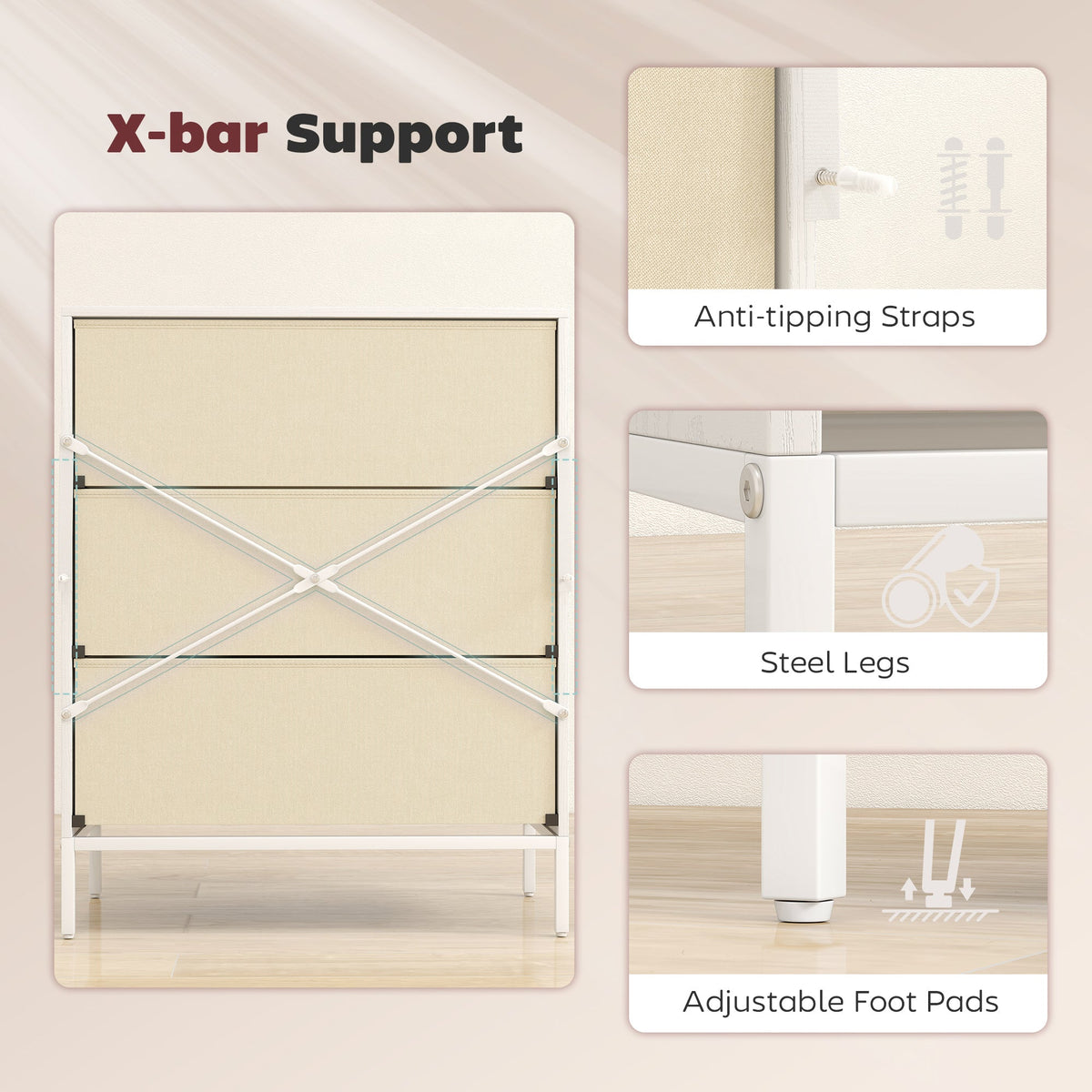 Linden 3-Drawer Fabric Chest in White