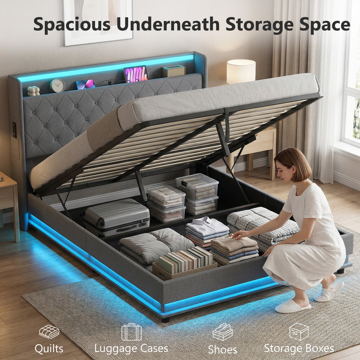 Halston LED Storage Bed Frame in Grey — King