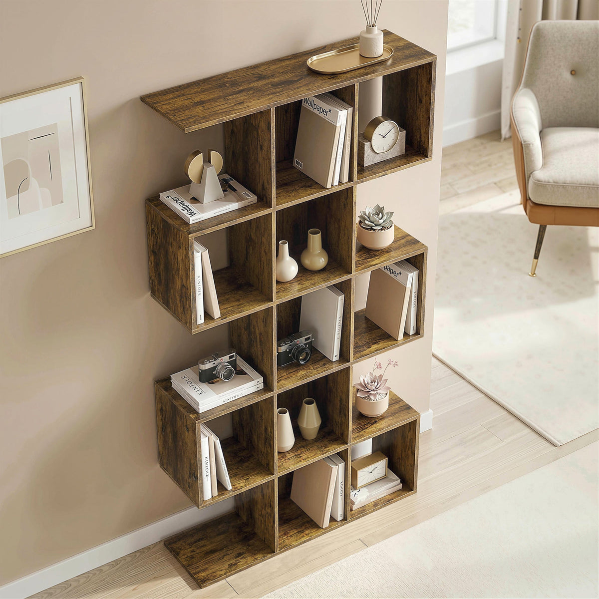 Halden S-Shaped Geometric Bookcase in Rustic Oak