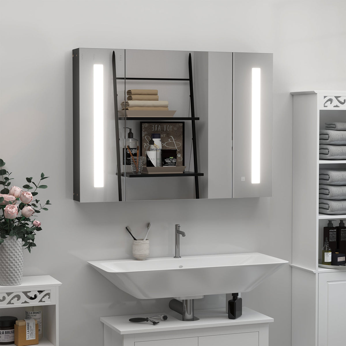 Lumen LED Mirrored Bathroom Cabinet with USB — Black