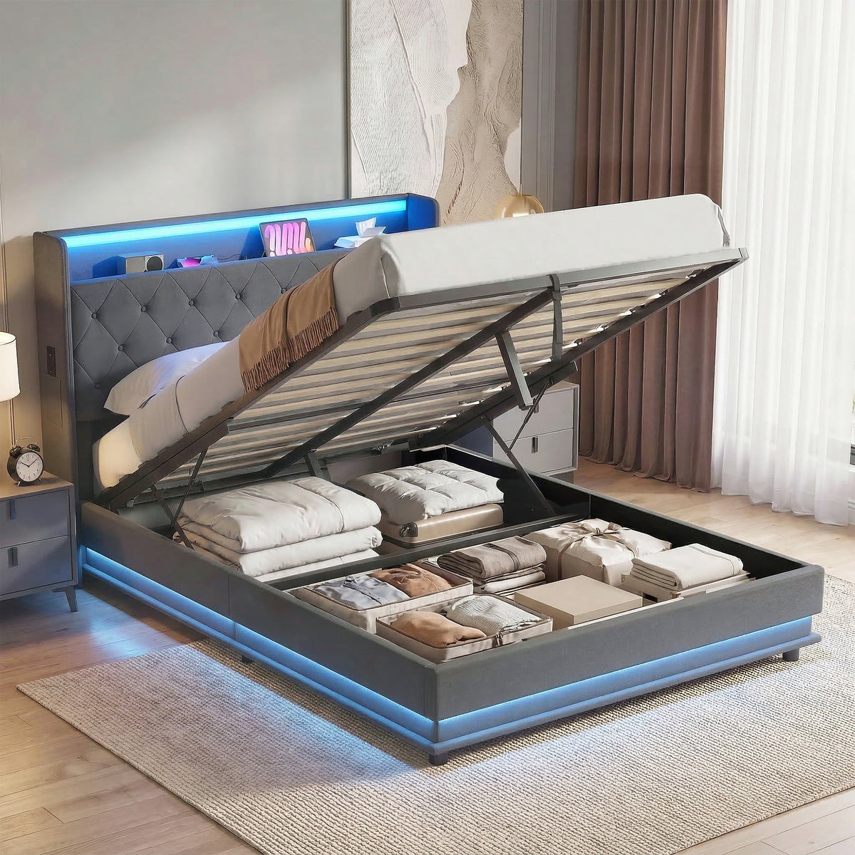 Halston LED Storage Bed Frame in Grey — Double