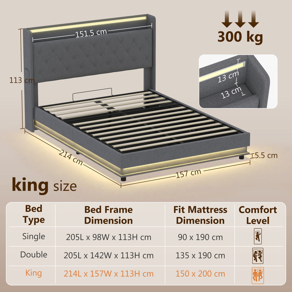 Halston LED Storage Bed Frame in Grey — King