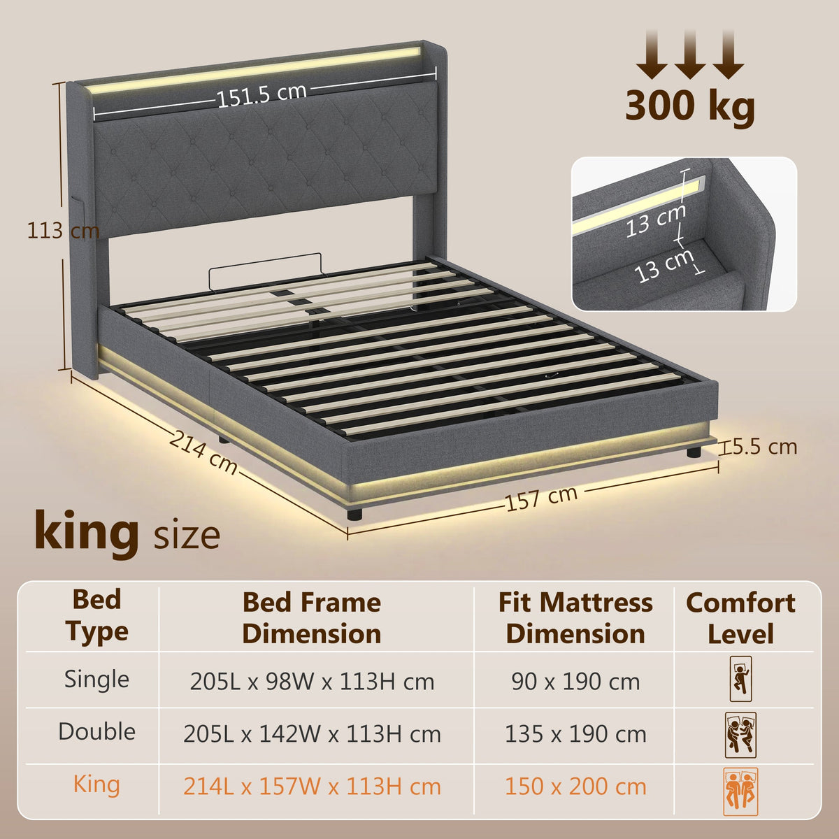Halston LED Storage Bed Frame in Grey — King