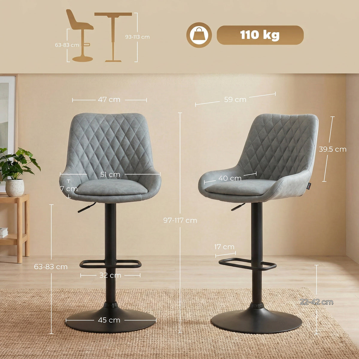 Sinclair Retro Bar Stools in Dove Grey — Set of 2