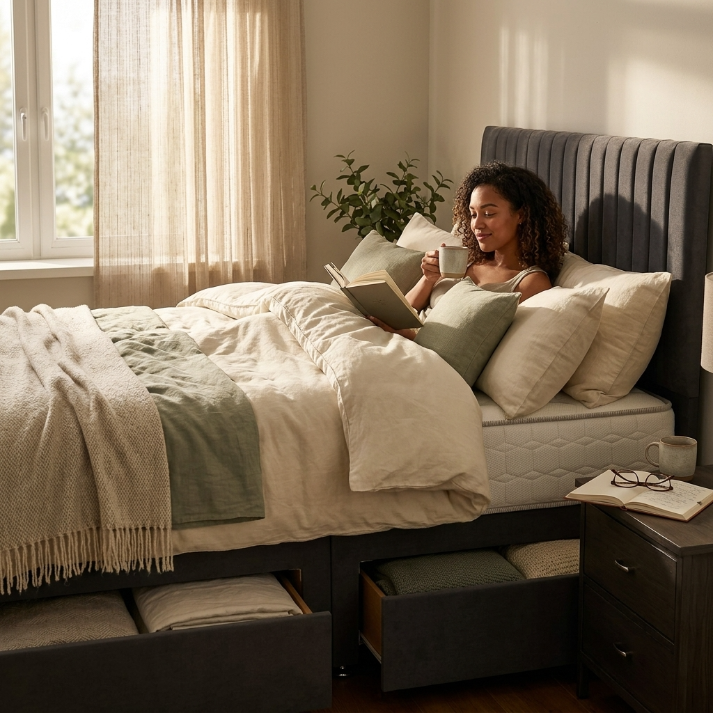 Knight Sleep Emily Charcoal Plush 4FT6 Bed Set With Mattress, 2 Drawers Same Side & 24"Headboard - Double