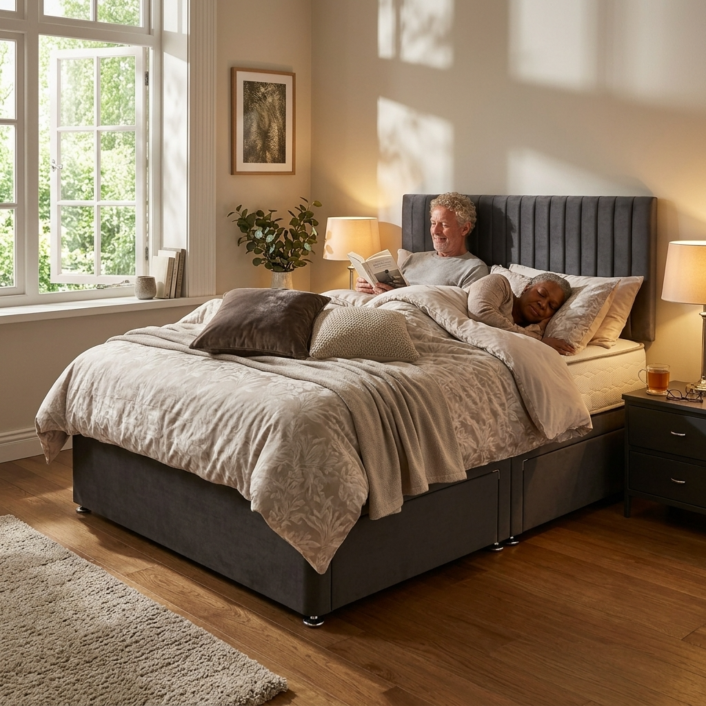 Knight Sleep Emily Charcoal Plush 4FT6 Bed Set With Mattress, 2 Drawers Same Side & 24"Headboard - Double