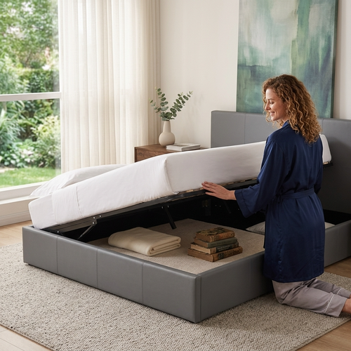 Ottoman Bed Gas Lift Storage Leather Grey 3ft Single with 1 Mattress Pine Wood Bedroom