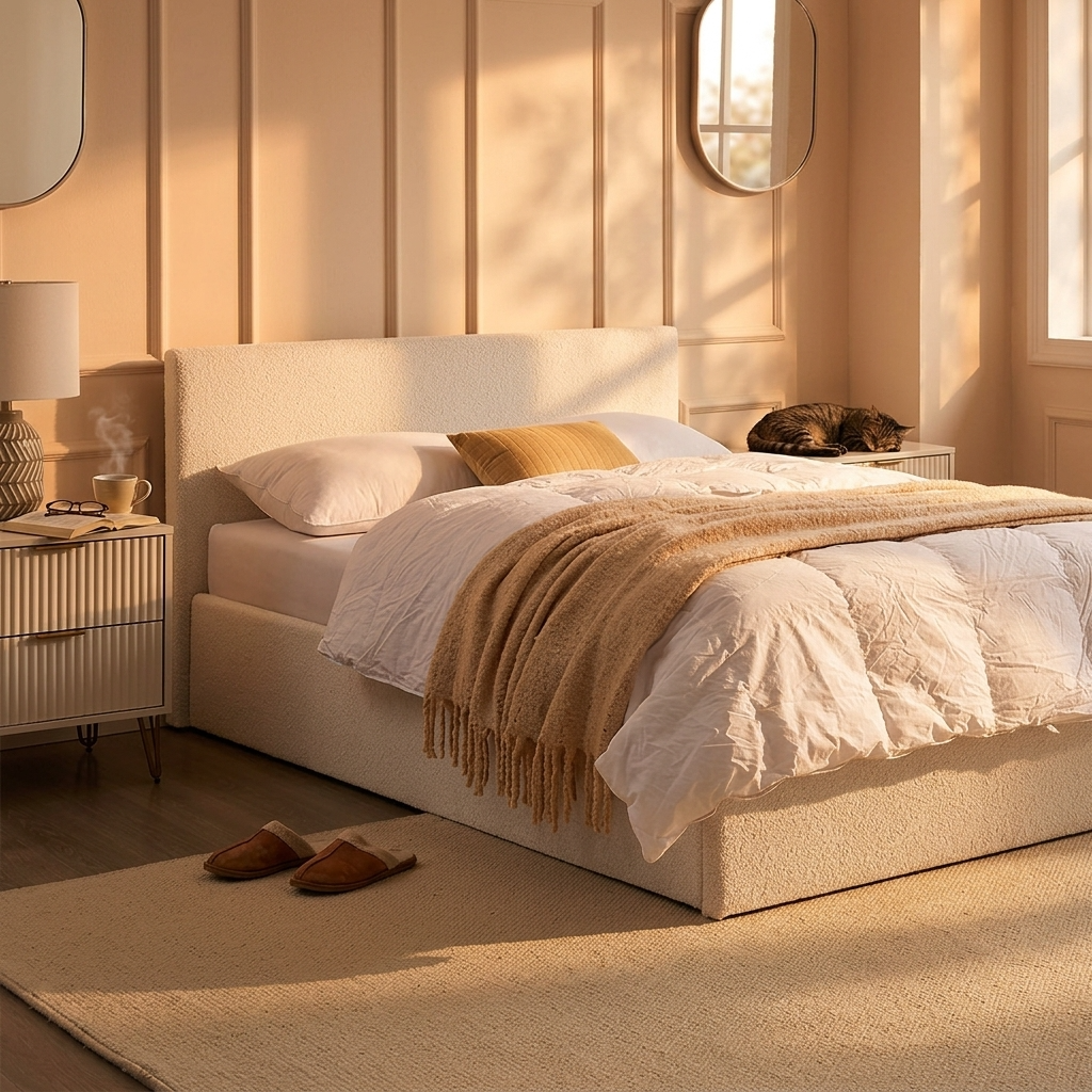 The Hampstead white boucle ottoman storage bed with gas-lift base open showing 610 litre storage – Comfort Crest