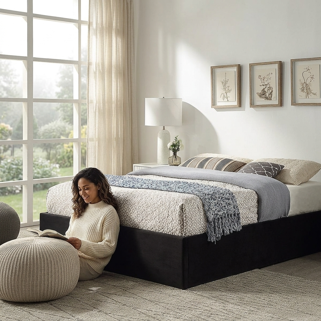 The Nightingale — Black Velvet Ottoman Storage Bed & Pocket Sprung Mattress