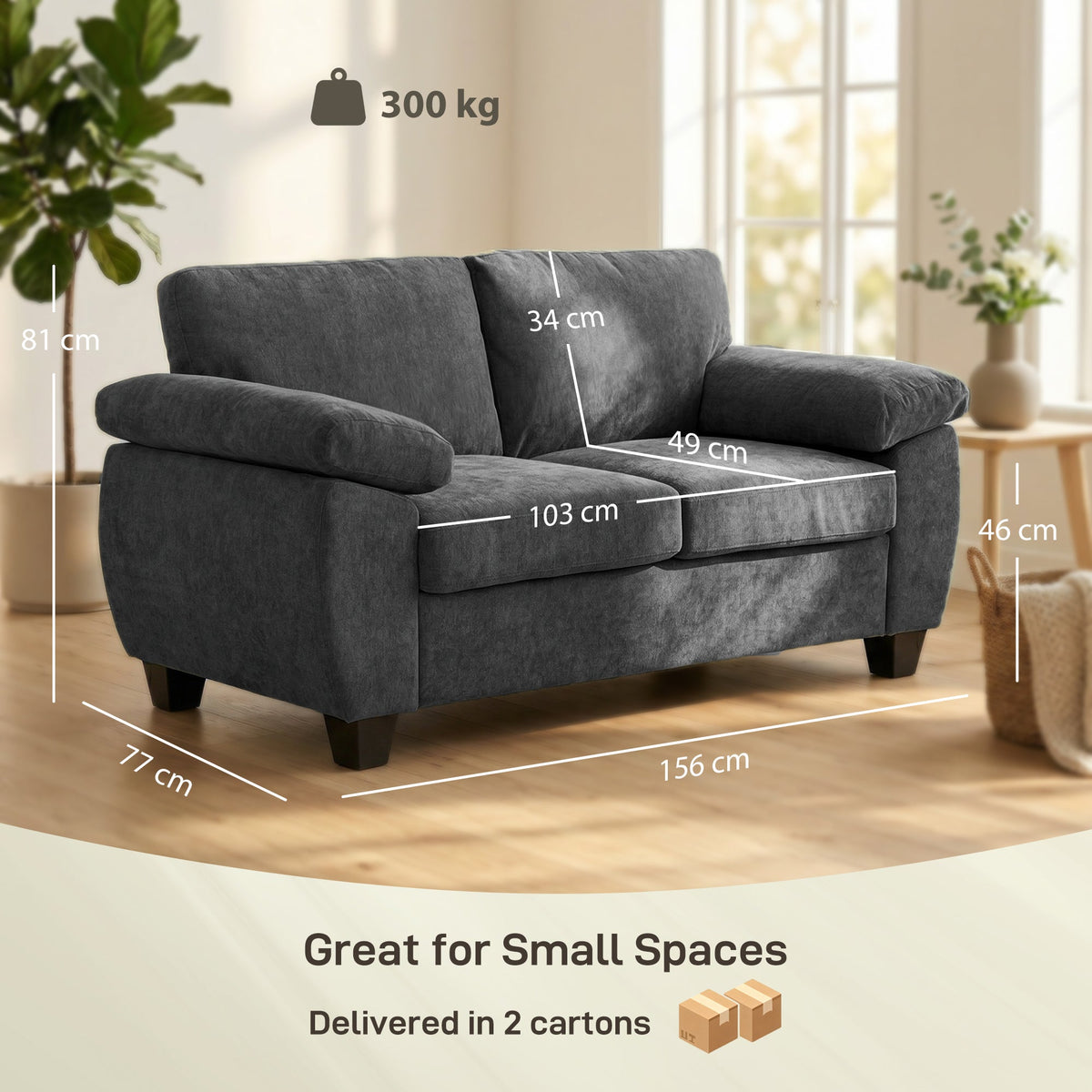 Marlow 2 Seater Chenille Sofa in Slate Grey
