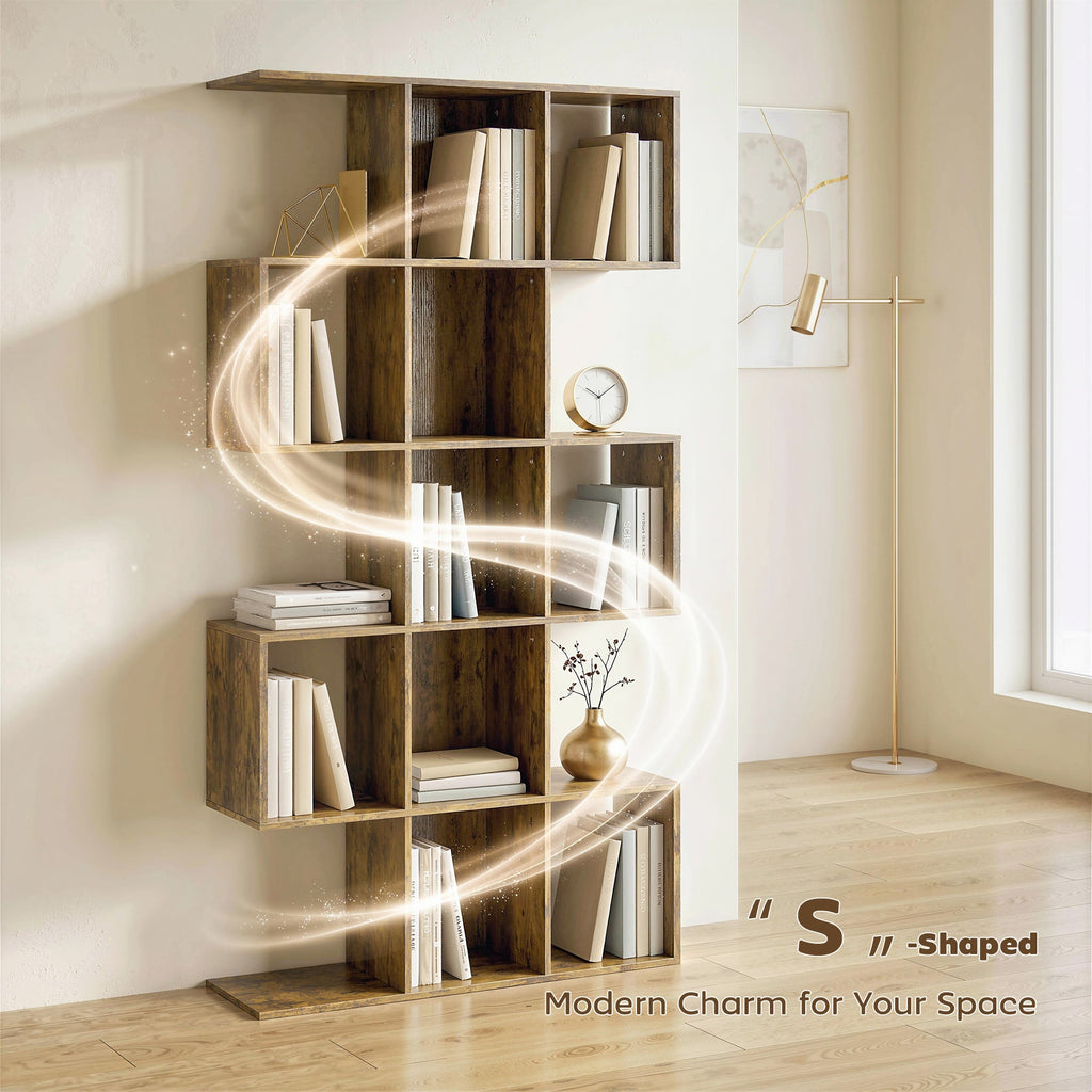 Halden S-Shaped Geometric Bookcase in Rustic Oak