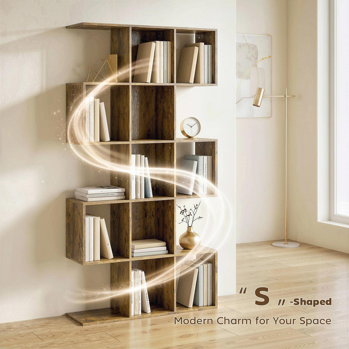 Halden S-Shaped Geometric Bookcase in Rustic Oak