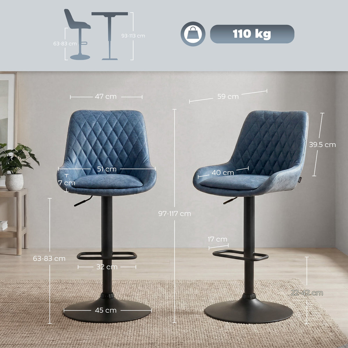 Sinclair Retro Bar Stools in Ink Blue — Set of 2