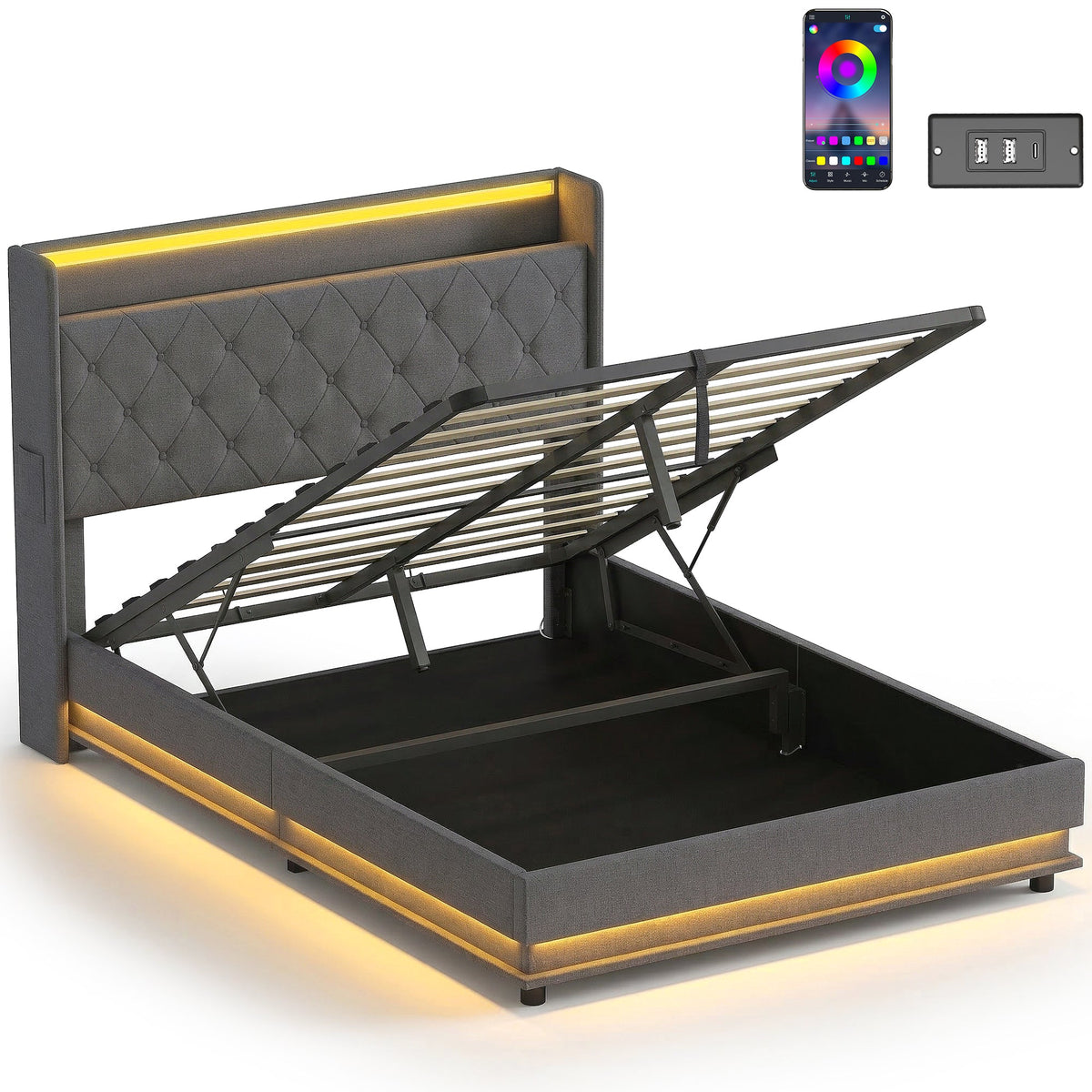 Halston LED Storage Bed Frame in Grey — Double